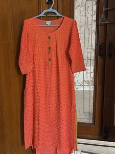 Orange Eyelet Kurta with Tassels