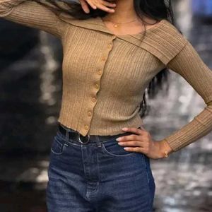 Ribbed Off-Shoulder Button-Up Top