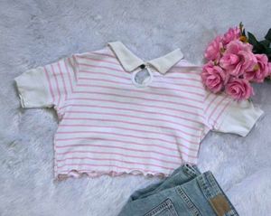 Cute Pink Striped Collar Crop Top 🎀