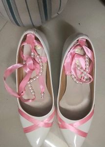 Chic White Heels with Pink Ribbon Detail