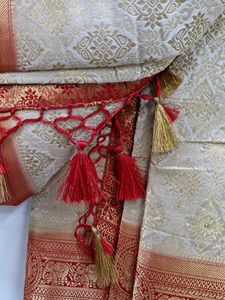 Cream &amp; Red Brocade Saree