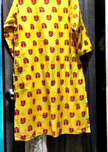 Bright Yellow Kurta with Red Floral Print