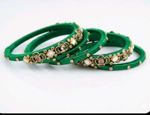 Elegant Green Silk Thread Bangles with Kundan
