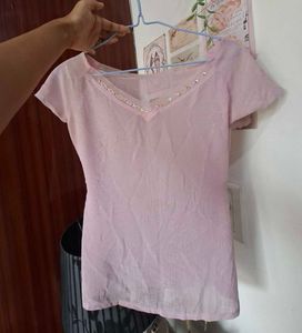 Sheer Pink V-Neck Top with beaded neckline