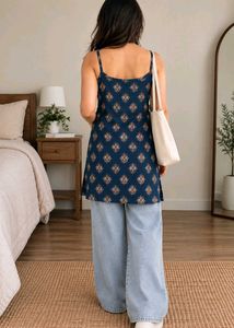Navy Blue Motif Design Printed Kurta &amp; Free Gift