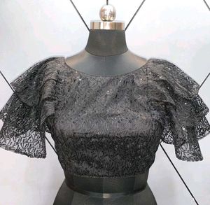 Black Sequined Ruffled Blouse