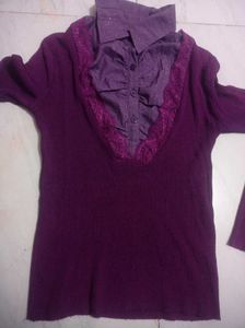 Chic Purple Knit Top with Embellished Collar