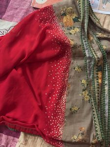 Vibrant Red Saree with Floral Border