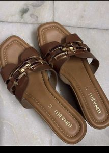 Tan Wedge Heels with Gold Buckle