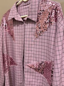Pink Checkered Sequin Detail Shirt