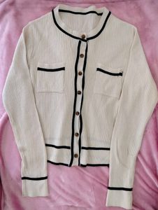 ⚡Elegant Cream Ribbed Cardigan with Black Trim