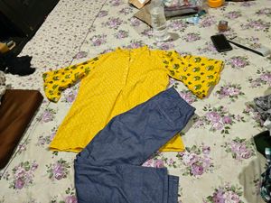 Yellow Printed Kurta with Blue Pants