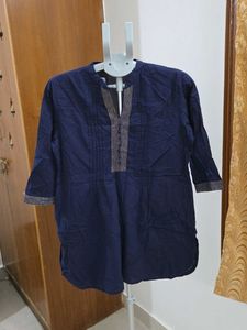 Navy Blue Kurta with Embellished Neckline