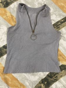 Grey Zip Neck Ribbed Tank Top