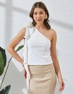 Shein One Shoulder Flower Applique Ruffle Detail