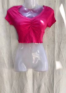 66209. Hot Pink Ribbed Ruched Crop Top