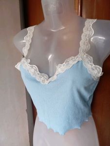 Blue Lace Trim Cropped Cami Tank Top