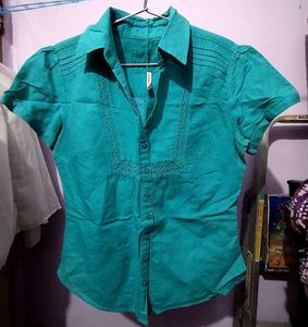 Teal Short Sleeve Button-Up Top