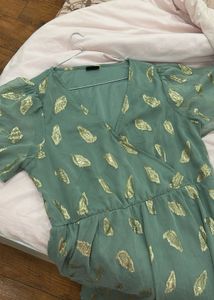Elegant Green Gold Leaf Print Wrap Dress