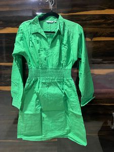Bright Green Smocked Waist Shirt Dress