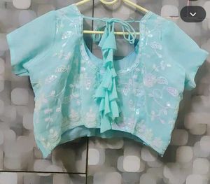 Sky Blue Embroidered Saree with stitched blouse