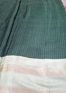 elegant green saree with gold checks &amp; border