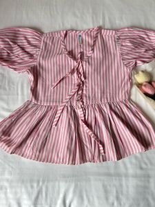 Pink Striped Peplum Tie-Up Top