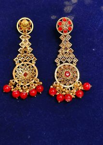 Gold Tone Dangle Earrings with Red Stones