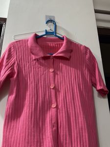 Pink Ribbed Knit Button-Up Top