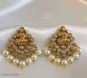 Stunning Gold Tone Earrings with Pearls &amp; Red Ston