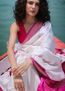 Elegant White Saree with Pink Border