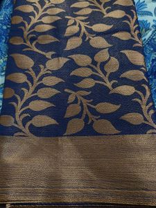 Elegant Blue Saree with Golden Leaf Motifs