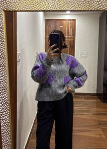Grey &amp; Purple Floral Rose Print Jumper