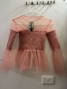 Miss More Sheer Mesh Smocked Top