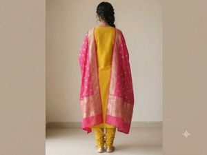 Elegant Yellow Kurta Set with Pink Dupatta