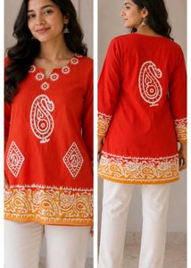 Vibrant Red Paisley Print Kurta Top