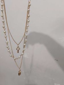 Layered Pearl &amp; Lock Necklace