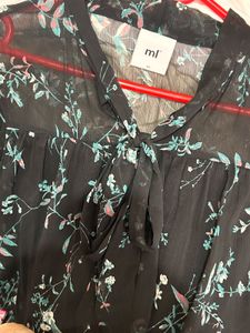 Elegant Floral Print Sheer Sleeve Top