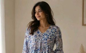 Blue Floral V-Neck Kurta