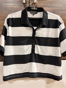 Black &amp; White Striped Polo T-Shirt | Size M