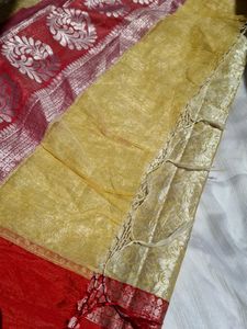 Elegant Gold &amp; Red Brocade Saree
