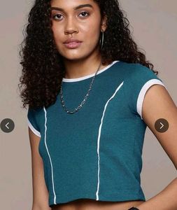 Teal Cropped Top with White Piping