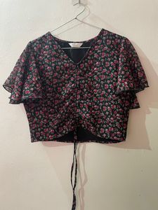 Berrylush Women Navy Blue & Red Floral Printed Top