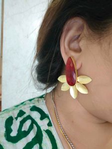 Red Stone &amp; Gold Leaf Earrings