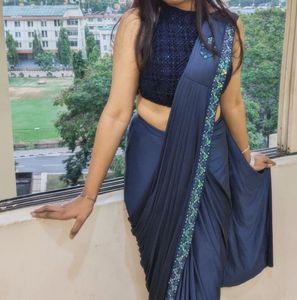 Ready to wear Navy Blue Saree with stitched blouse