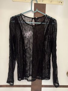 Elegant Net  Black Lace Long Sleeve Top
