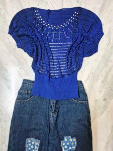 Blue Embellished Sheer Top