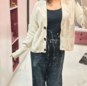 Cream Ribbed Button-Up Cardigan