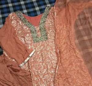 Elegant Rust Orange Heavy Sequence 3PC Party Suit