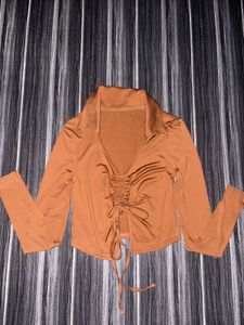 Brown Ruched Collared Long Sleeve Top